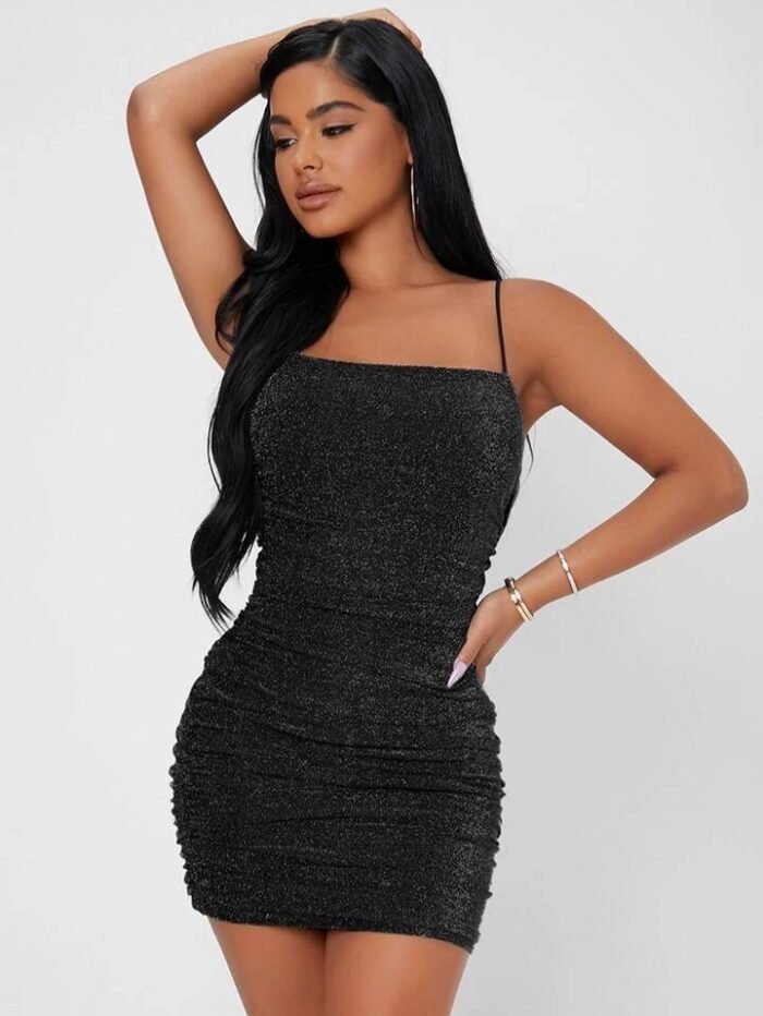 SHEIN PETITE Backless Ruched Glitter Bodycon Black Party Women Dress