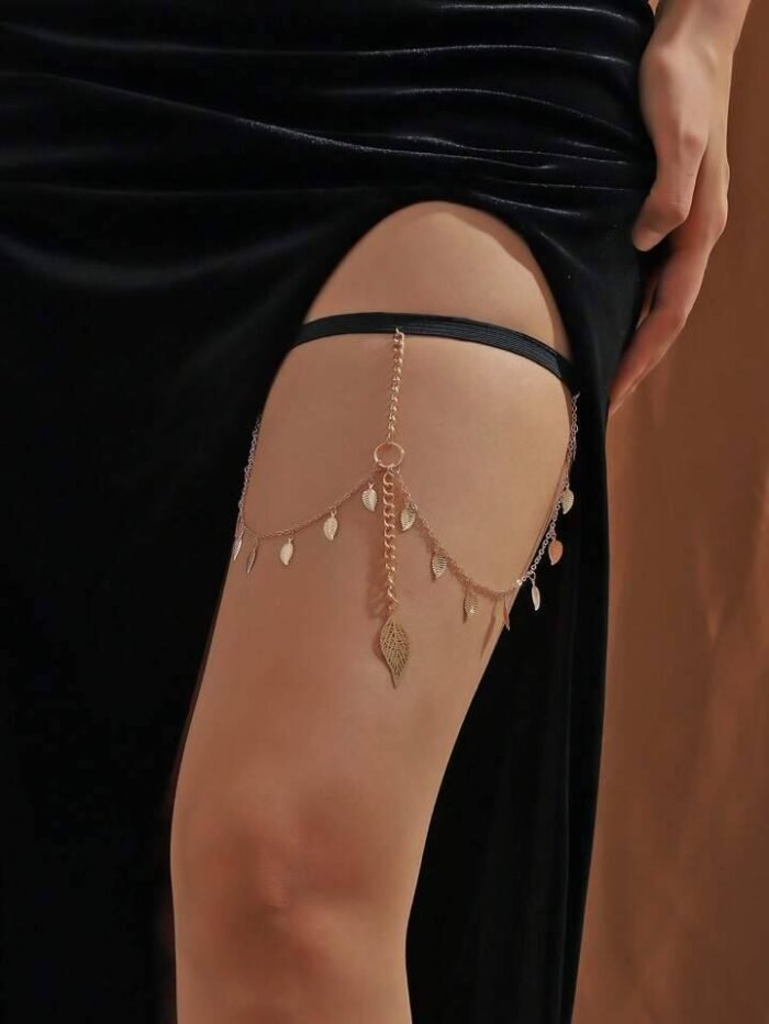 1pc Lady Alloy Leaf Shell Pendant Black Elastic Leg Chain For Party Sexy Leg Accessory Halloween Festival