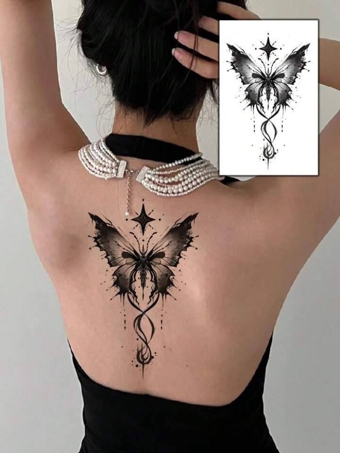 1pc Women's Butterfly & Star Black Temporary Tattoo, Butterfly Pattern