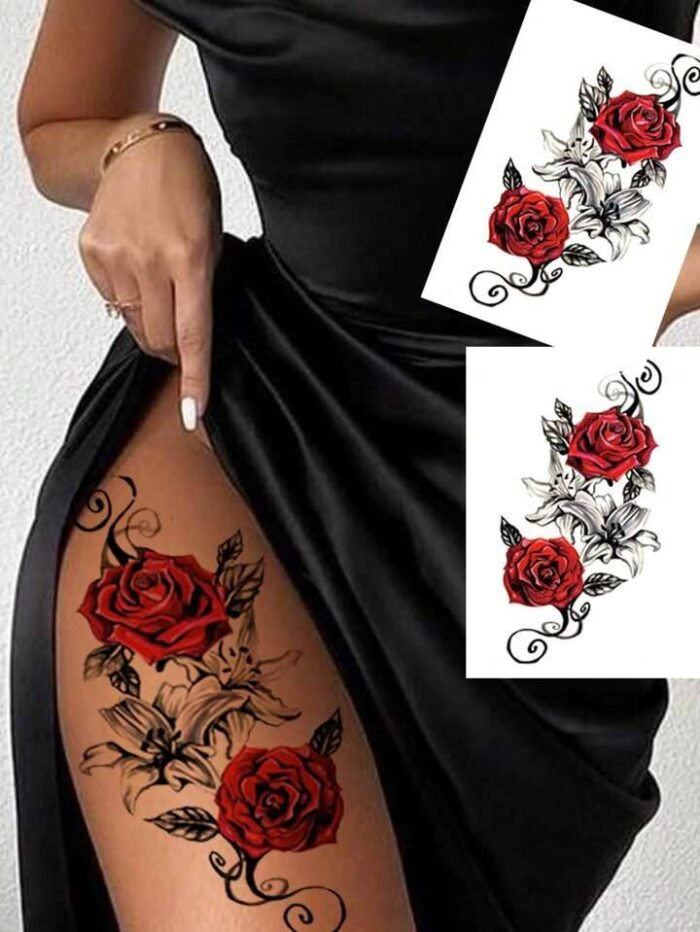 2pcs Red Temporary Rose Flower Arm & Leg Tattoo Stickers