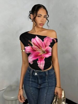 SHEIN BAE Women's Black Top Fall Season Pink Printed Oblique-Shoulder