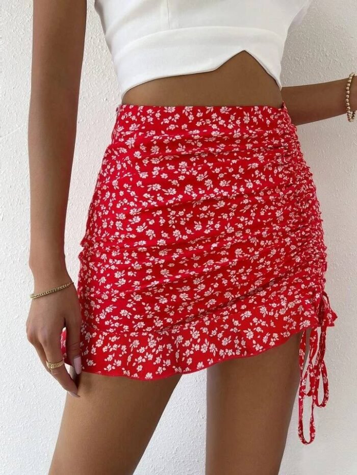 SHEIN Holidaya Ditsy Floral Ruched Detail Ruffle Hem Skirt Vacation Beach Outfits Women