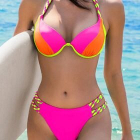 Swim Vcay Women's Summer Beach Color-Block Halter Strap Sexy Bikini Set, Printed (Random)