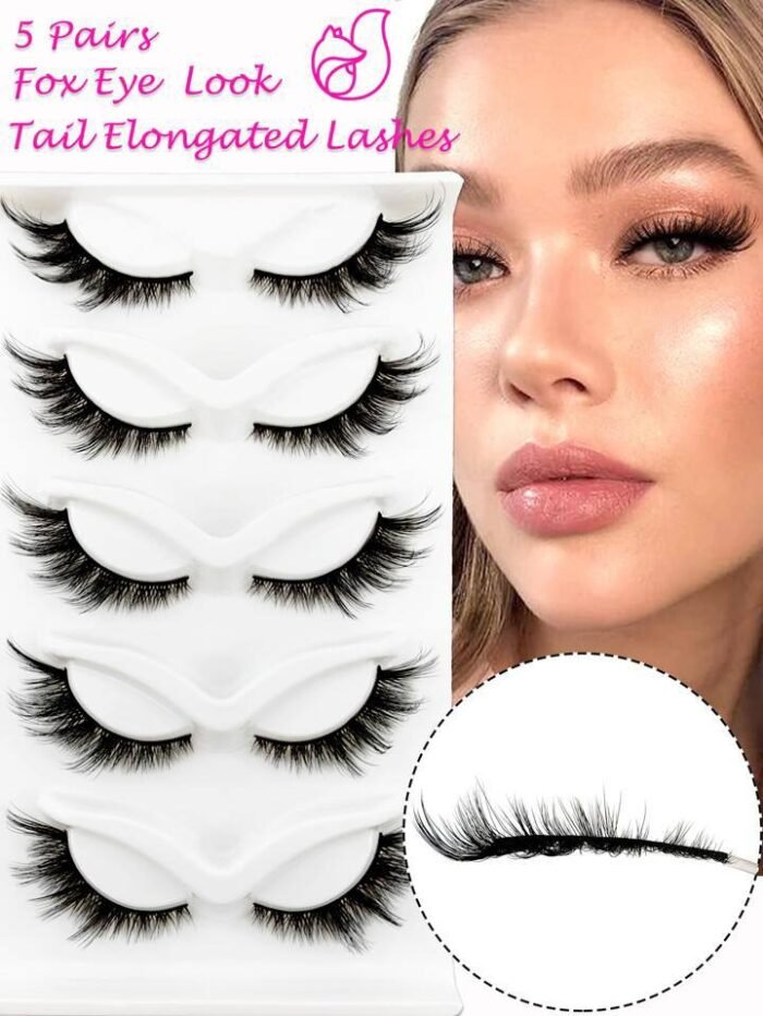 5 Pairs Full False Lashes 15mm Fox Eye Faux Mink Cat Eye Look Angle Wing Tail Elongated Strip Lashes