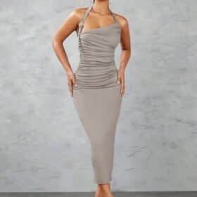 SHEIN BAE Solid Color Ruched Halter Neck Belted Bodycon Dress With Decorative Buckle