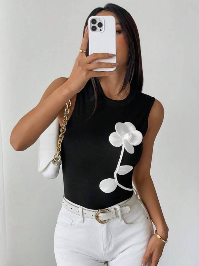 SHEIN ChicEase Women's Elegant Casual Versatile 3D Floral Black Tank Top, Spring Summer