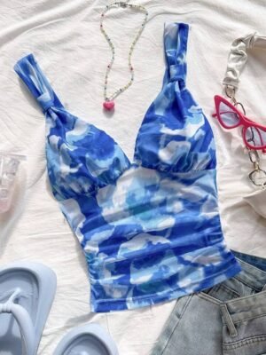 SHEIN WYWH Casual Romantic Vacation Knotted Strap Ruched Tie-Dye Blue Floral Print Tank Top, Slimming