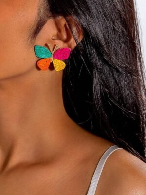 1 Pair Bohemian Vacation Vibe Alloy Colorful Braided Raffia Butterfly Stud Earrings,