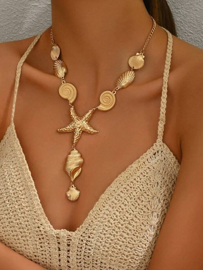 1pc Asymmetrical Y-Shape Ocean Style Seashell Starfish Metal Clavicle Necklace, Vacation Jewelry