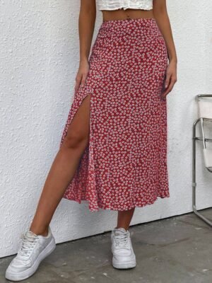 SHEIN LUNE Ditsy Floral Split Thigh Skirt For New Year Clothes Maxi Women Outfit