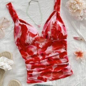 Soleia Casual Romantic Vacation Tie Strap Ruched Slimming Red Tie Dye Floral Print Camisole