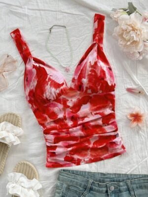 Soleia Casual Romantic Vacation Tie Strap Ruched Slimming Red Tie Dye Floral Print Camisole