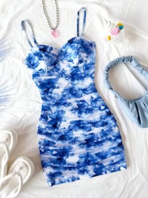 Soleia Women's Blue Tie Dye Floral Print Ruffled Strap Mini Vacation Dress