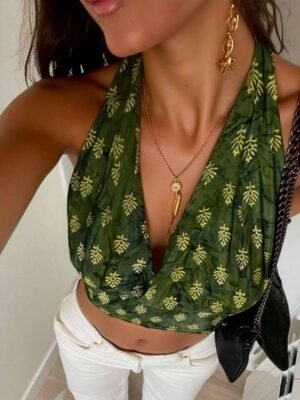 Women's Holiday Floral Print Cropped Halter Neck Camisole,Summer Tops