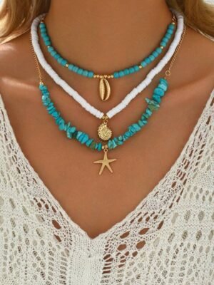 3pcs/Set Soft Ceramic Turquoise Necklace With Metallic Seashell
