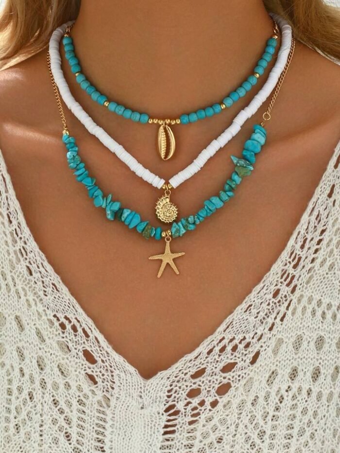 3pcs/Set Soft Ceramic Turquoise Necklace With Metallic Seashell