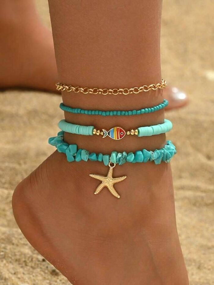4pcs Set Bohemian Beaded Anklet With Green Pebbles, Cute Colorful Fish Charms