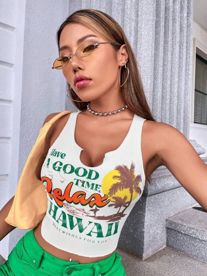 Chiquease Palm Tree & Slogan Graphic Notched Neck Tank Top Have A GOOD TIME Relax