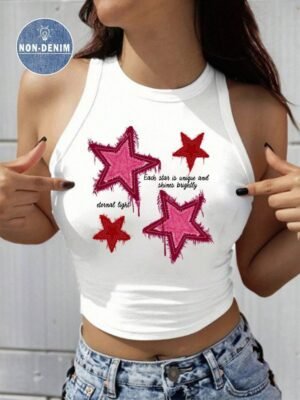 HEIN EZwear Women's Casual Simple Star Pattern Round Neck Tight Fitting Crop Tank Top