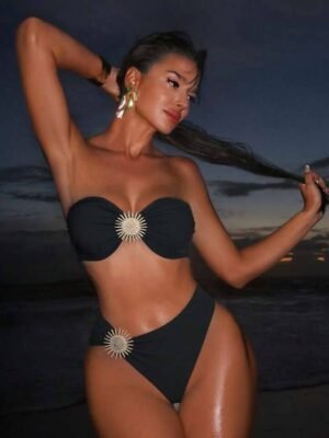 Swim SXY Beach Summer Outfits For Women, Solid Color Sexy Sun Accessory Bandeau Bikini Set