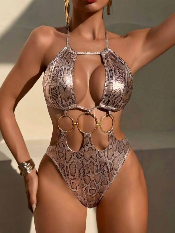 Swim SXY New European & American Women Snake Skin Pattern Special Material Ring Shoulder Strap Sexy One-Piece Swimsuit