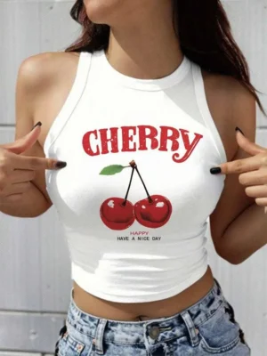 SHEIN EZwear Casual Cherry Pattern White Slim Fit Women's Tank Top, Summer Style