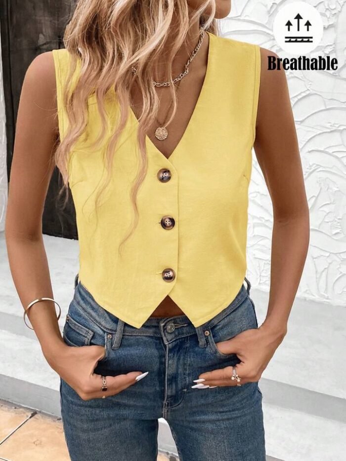 SHEIN LUNE Yellow Office Lady Sleeveless Simple Solid Color Casual Shirt, Summer