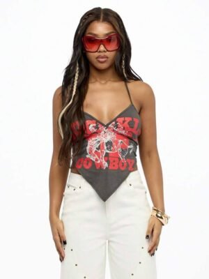 SUMWON WOMEN Cowboy Rodeo Western Graphic Handkerchief Hem Tank Top Cam