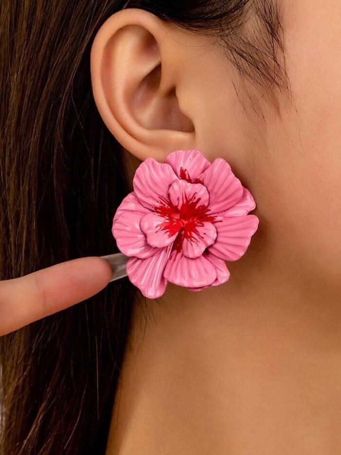 1 Pair Flower Earrings Pink Color Enameled Floral Earring Vocation Style Jewelry For Women