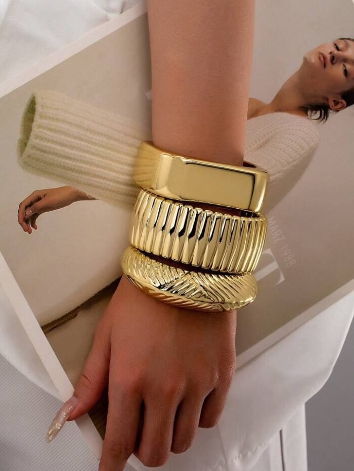 1 Set Golden Color Chunky Cuff Bangles Set For Women Water Proof Bangle Bracelets