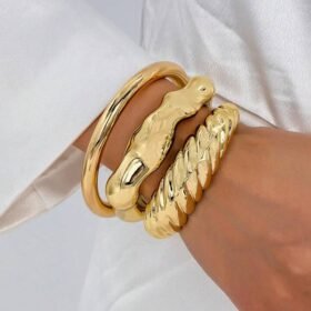 3 Pcs Golden Color Stacked Chunky Cuff Bangles Set For Women