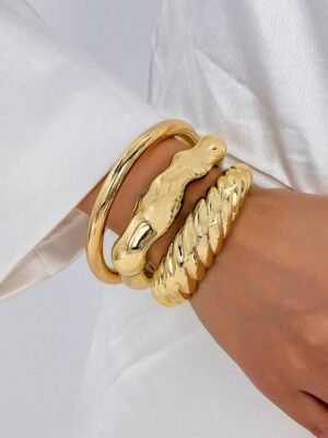 3 Pcs Golden Color Stacked Chunky Cuff Bangles Set For Women