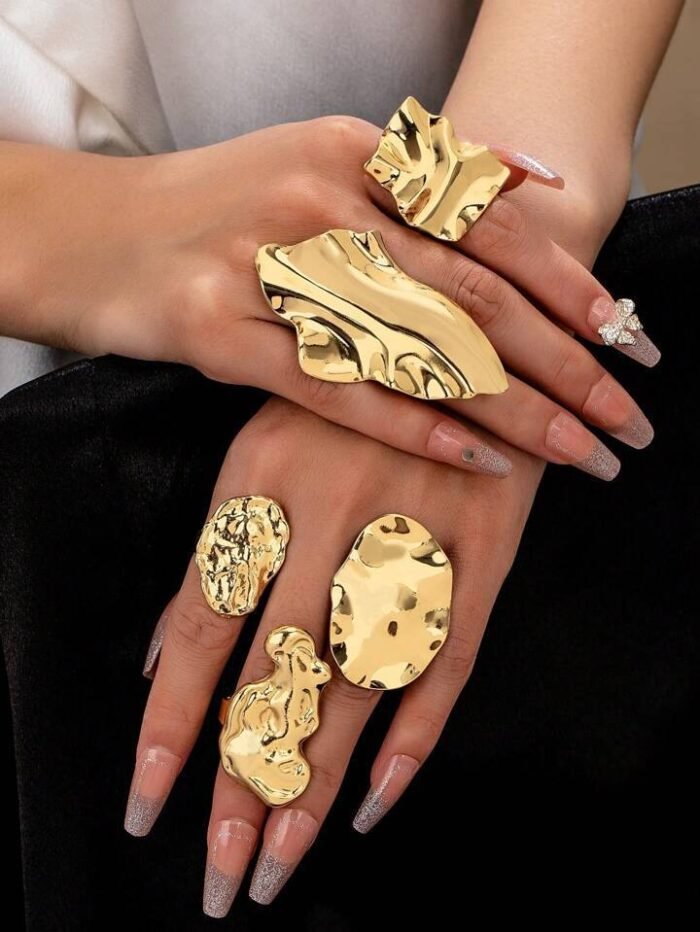 5 Pcs Golden Color Abstract Wrinkled Metal Statement Rings Set Women Chunky Ring Jewelry
