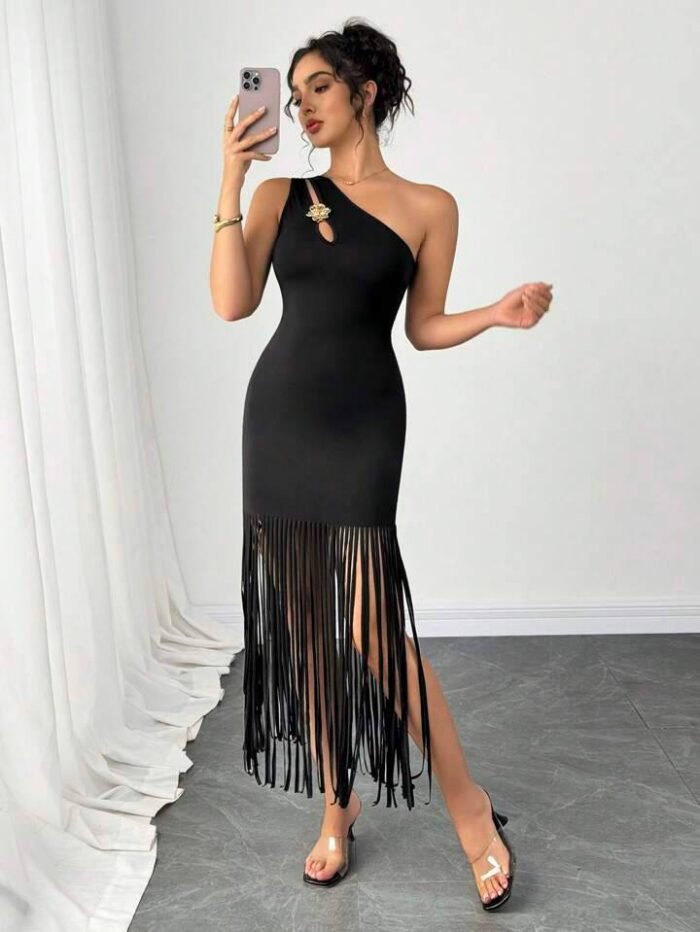 Firerie Ladies New Casual Elegant Tassel Asymmetrical Shoulder Metal Rose Black Dress