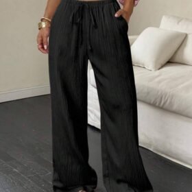 Flirla Women's Casual Plain Slant Pockets Textured Long Pants