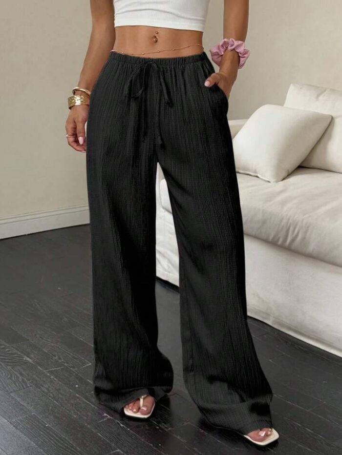 Flirla Women's Casual Plain Slant Pockets Textured Long Pants