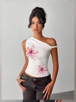 INAWLY Women's Fashionable Asymmetrical-Shoulder Top, Suitable For Summer