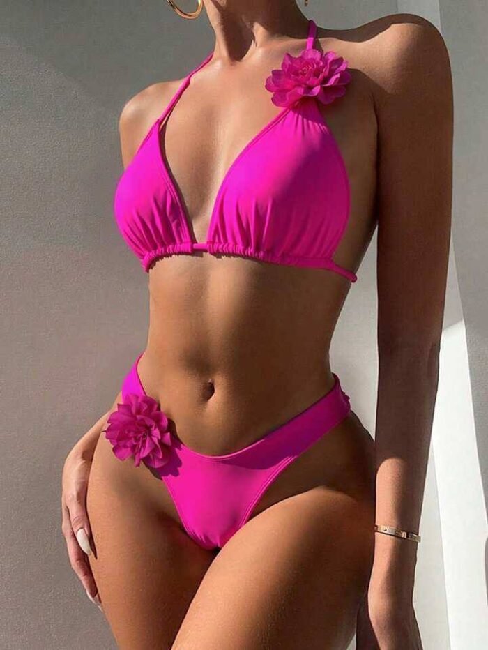 SHEIN Swim Women Solid Color 3D Flower Decor Halter Neck Bikini Set