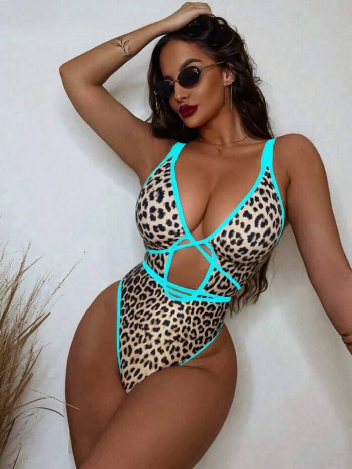 Swim SXY Women's Sexy Leopard Print Color Block Cross Front Tie V-Neck One Piece Swimsuit