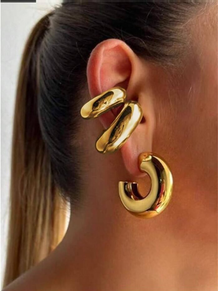 2pairs Fashionable Stainless Steel C-Shaped & Smooth Big Hoop Clip Earrings For Women's Accessories