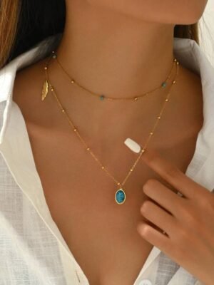 1pc Fashionable Vintage Turquoise Ellipse & Leaf Shaped Double-Layered Stainless Steel