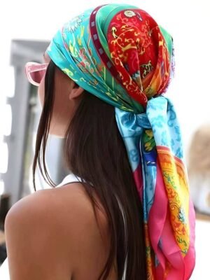 1pc Women's Multicolor Retro Pattern Satin Square Silk Scarf