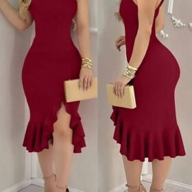 INAWLY Women's Elegant Slim Fit Asymmetrical Neck Ruffled Hem Slit Midi Dress