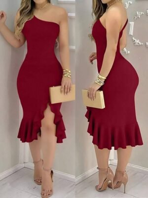 INAWLY Women's Elegant Slim Fit Asymmetrical Neck Ruffled Hem Slit Midi Dress