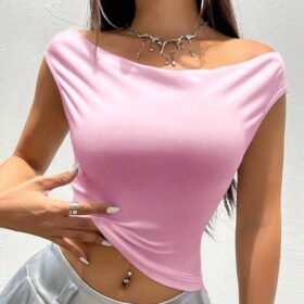 Flirla Women's Summer Solid Color Scoop Neck Fitted Casual T-Shirt, Top, Versatile