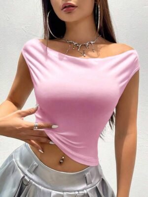 Flirla Women's Summer Solid Color Scoop Neck Fitted Casual T-Shirt, Top, Versatile