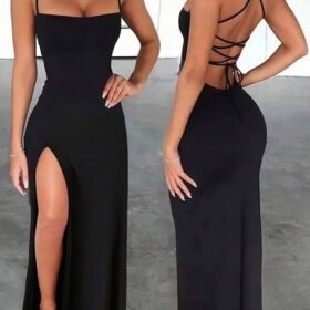 INAWLY Slim Fit Sexy High Slit Cross Strap Tie Up Long Dress For Women