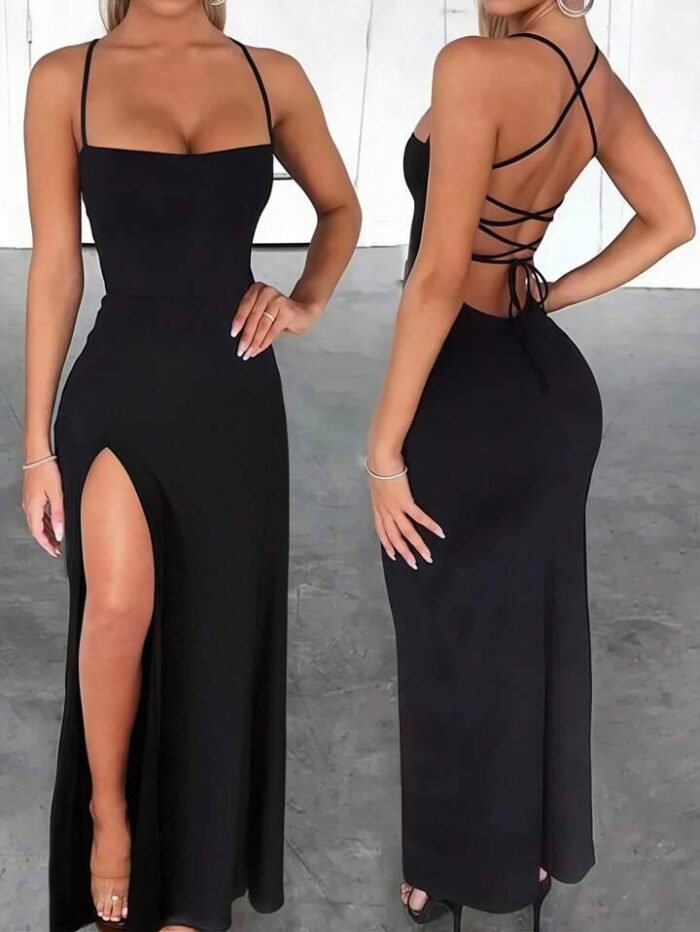 INAWLY Slim Fit Sexy High Slit Cross Strap Tie Up Long Dress For Women