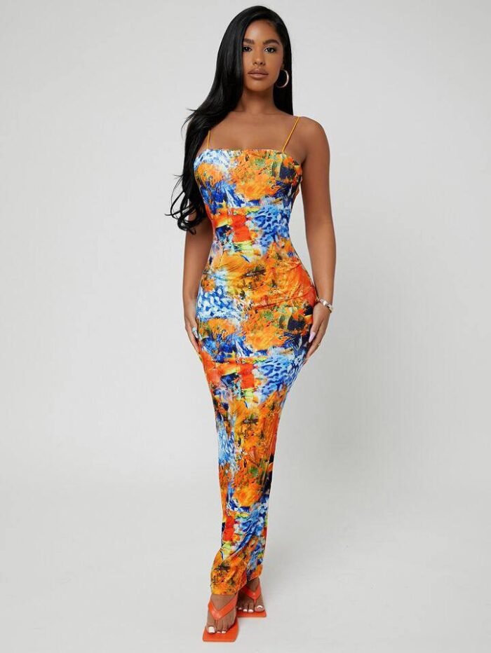 SHEIN SXY Sundress;Summer Graphic Print Tight And Sexy Holiday Suspender Dress,Summer