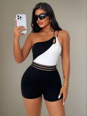 VaVaBold Women's Summer Color Block Asymmetrical Neck Hollow Out Slim